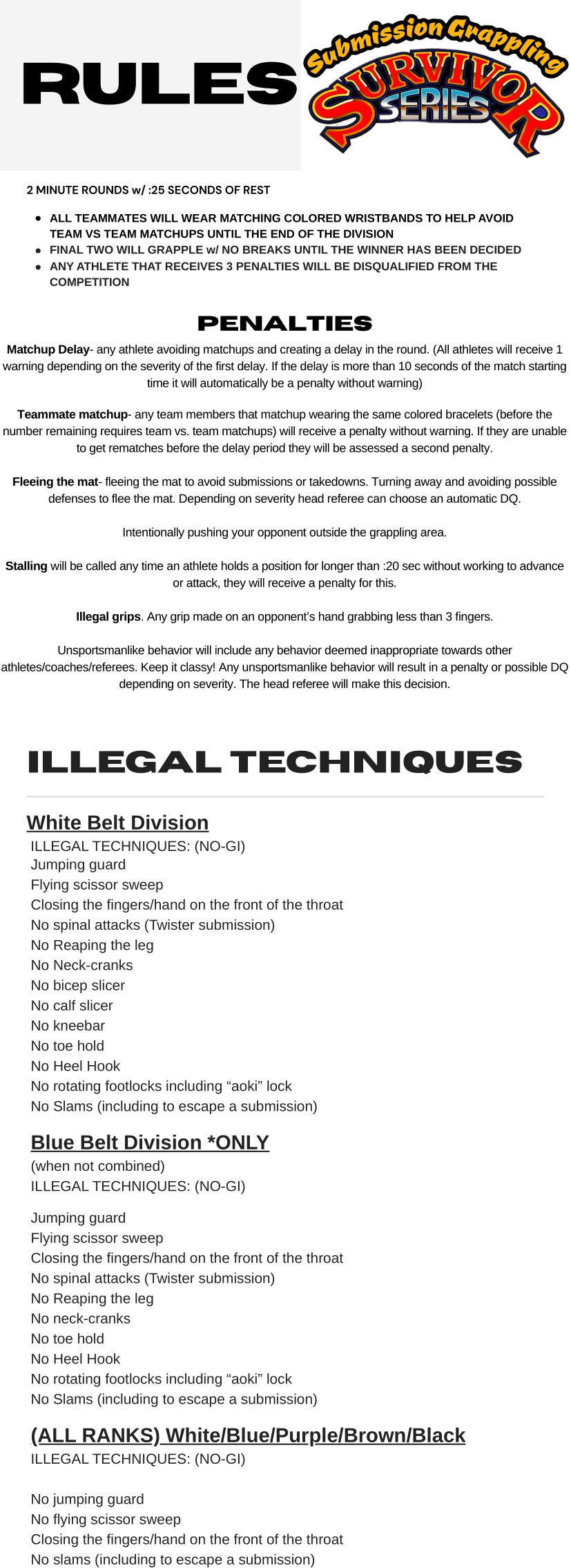 Rules for Submission Grappling Survivor Series